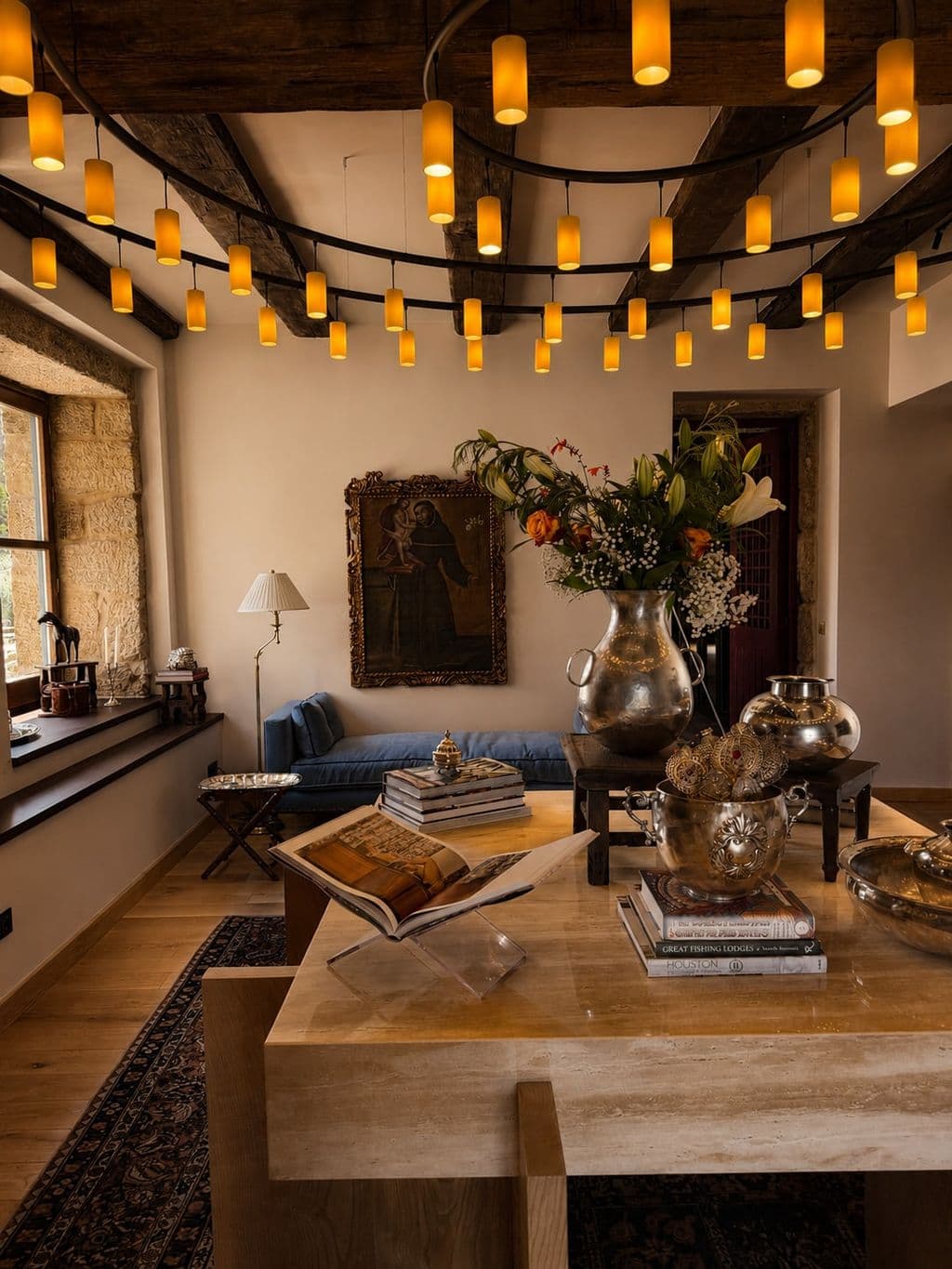 The entrance hall, hung with a cascade of amber pendant lights above a long oak table