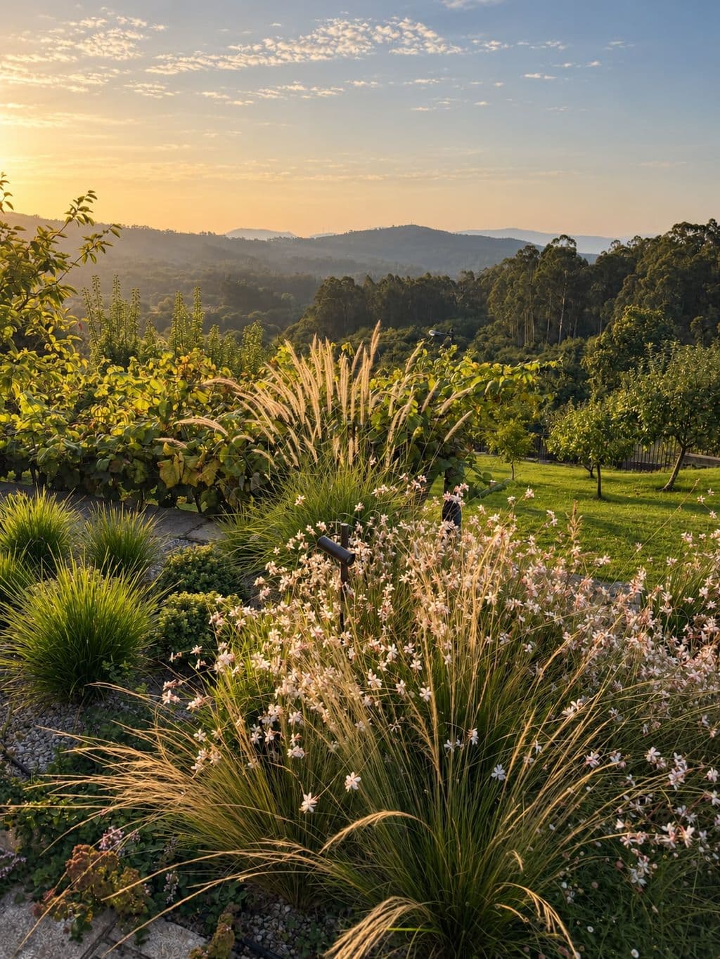 The garden at first light, grasses and gaura in flower above the orchard